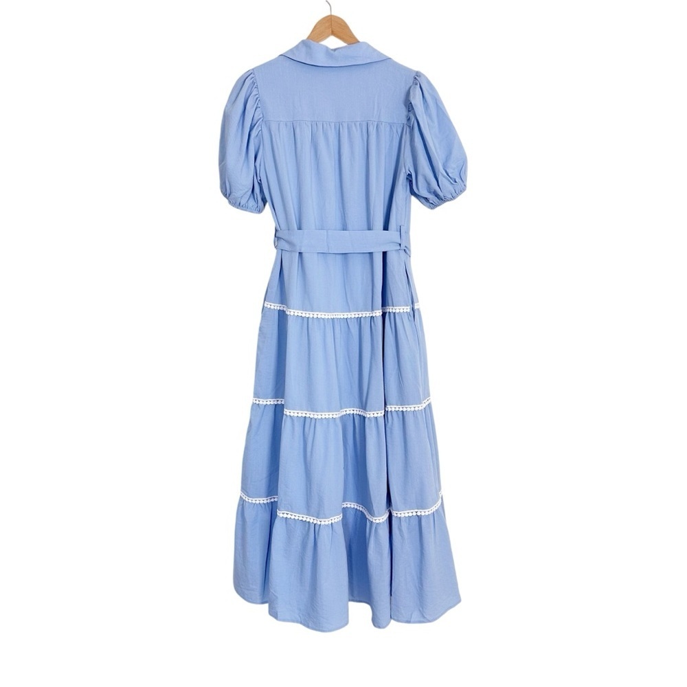 Pretty Garden Button Down Shirt Dress Short Puffy Sleeve Tiered Light Blue - Picture 6 of 8